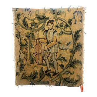 1990s Hand Woven Wool Tapestry Fragment Featuring Male Figure With Cello in Gold, Green and Blue Hues For Sale