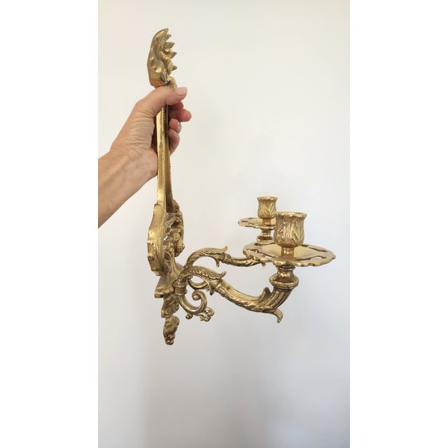 Vintage Chinese Lacquered Brass Lyre-Form Double-Arm Candle Wall Sconce For Sale - Image 13 of 18