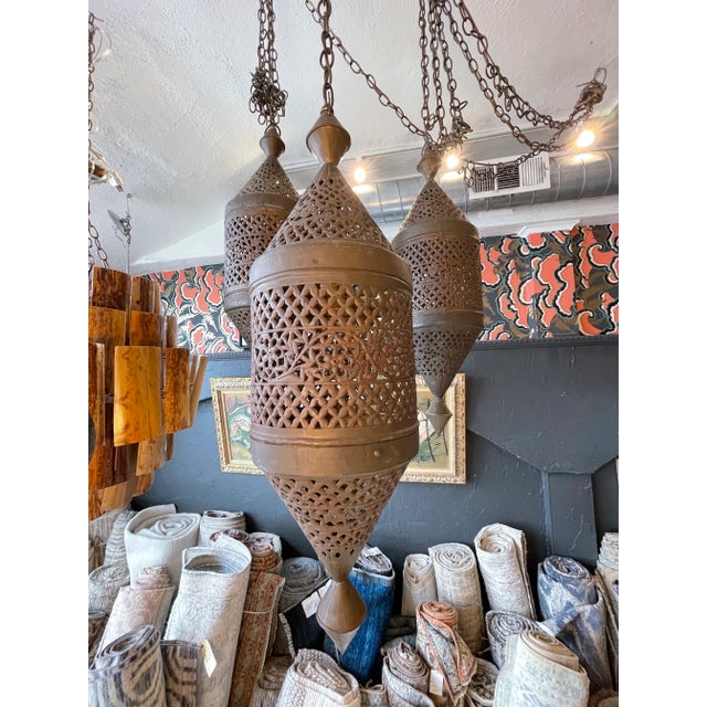 Vintage Brass Moroccan Pendants with chain. Dimensions below are of each Moroccan lantern. Length of chain can be modified...