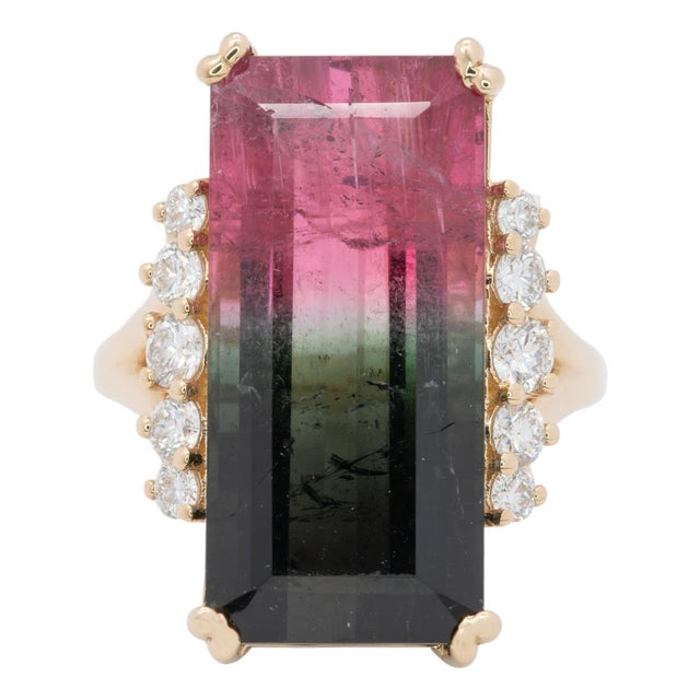 15.1Ct Bi-Color Tourmaline Ring With Earth Mined Diamond Accents: Solid 14k Gold, Size 6.75 For Sale