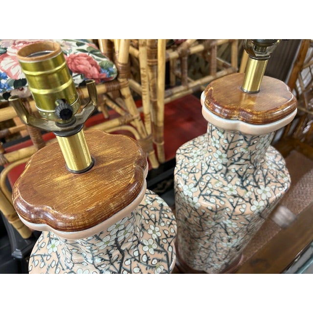 Vintage Pink Porcelain Cherry Blossom Lamps, a Pair For Sale - Image 4 of 11