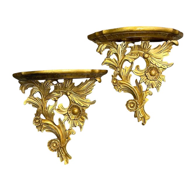 Wood Mid-Century Hollywood Regency Italian Giltwood Floral Wall Brackets - Pair For Sale - Image 7 of 8