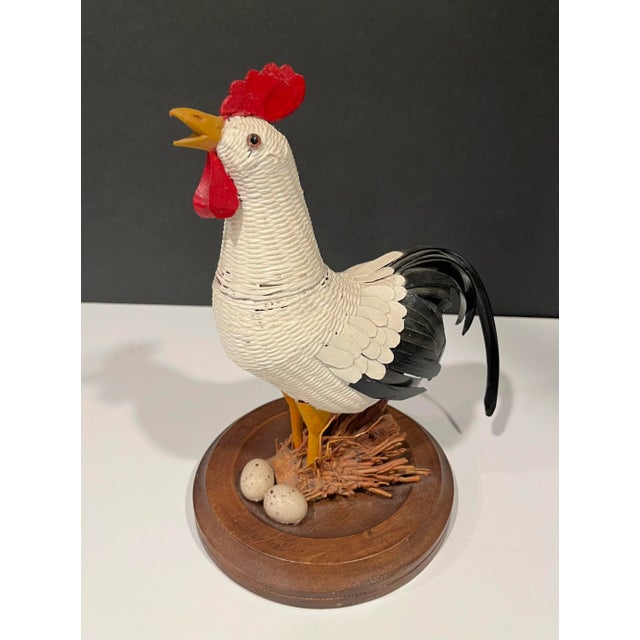 Vintage woven wicker chicken box or basket with a nest and eggs. Modeled after the Black Tailed White Japanese Bantam...