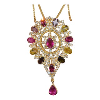 Certified Natural 10.46Cts VS G Diamond Multi Tourmaline 18K Gold Pendant Brooch For Sale