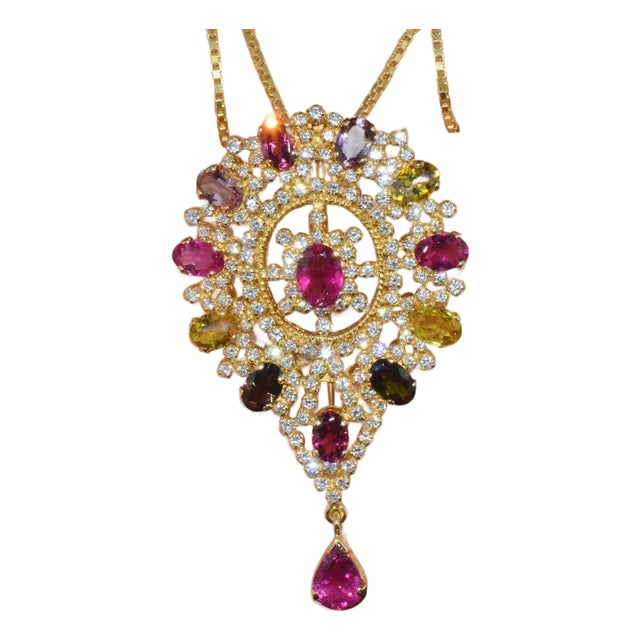 Certified Natural 10.46Cts VS G Diamond Multi Tourmaline 18K Gold Pendant Brooch For Sale