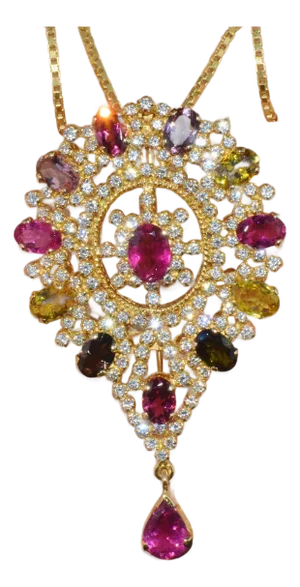 Certified Natural 10.46Cts VS G Diamond Multi Tourmaline 18K Gold Pendant Brooch