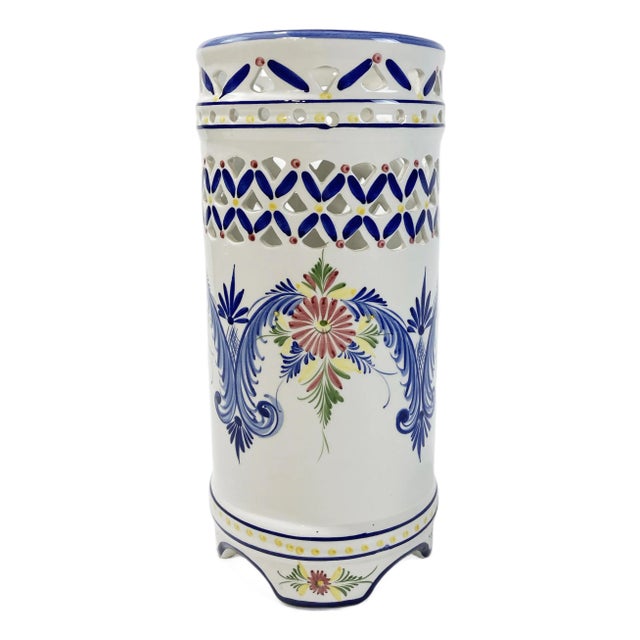 Hand-Painted Reticulated Ceramic Umbrella Stand For Sale