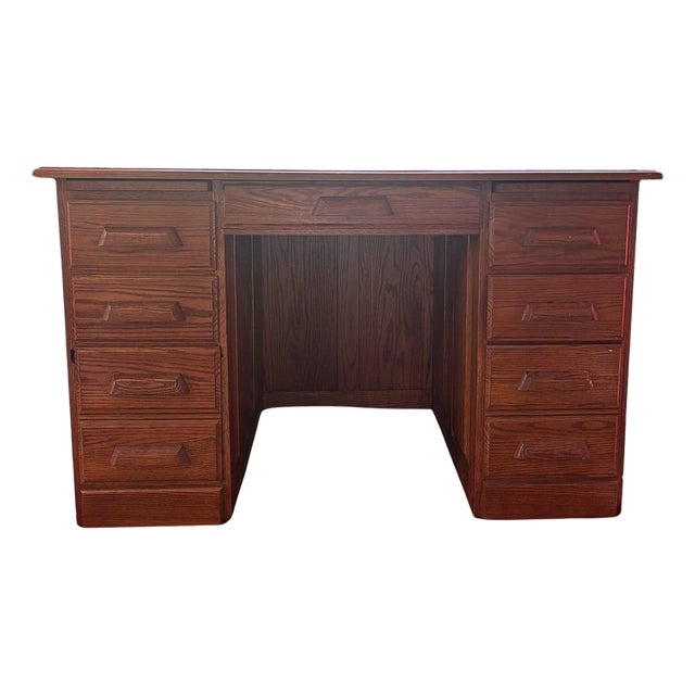 Vintage Oak Double-Pedestal Executive Desk With Writing Slides and File Drawers For Sale