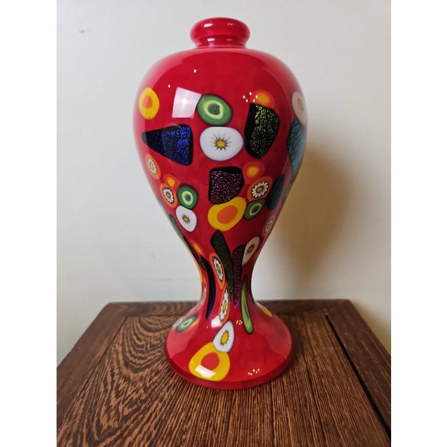 Murano Vintage MCM Murano-Style, Millefiori Hand Blown Red Art Glass Vase For Sale - Image 4 of 5