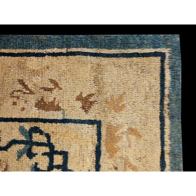 1880s Beige Foo Dogs Chinese Lions Medallion Antique Ningxia Small Rug For Sale - Image 9 of 9