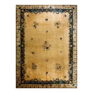 1920s Beige Open Field Antique Large Chinese Peking Dragon Floral Knotted Rug For Sale