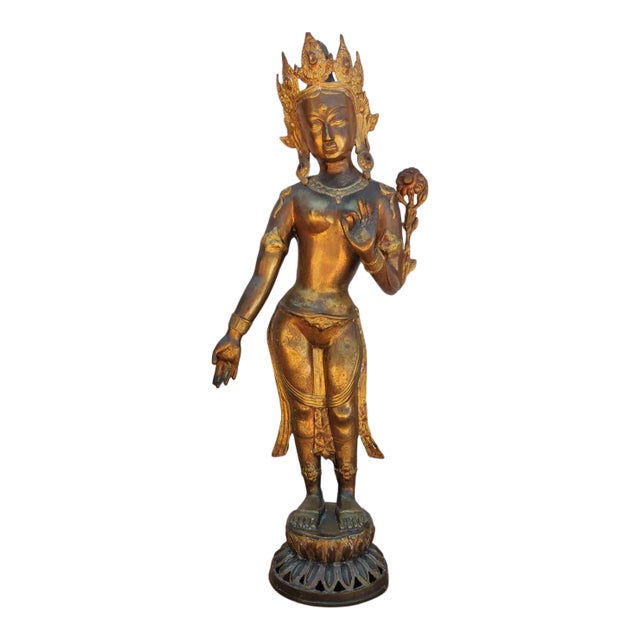 Antique Gilt Bronze Tibetan Hindu Manjurshi Deity Statue For Sale