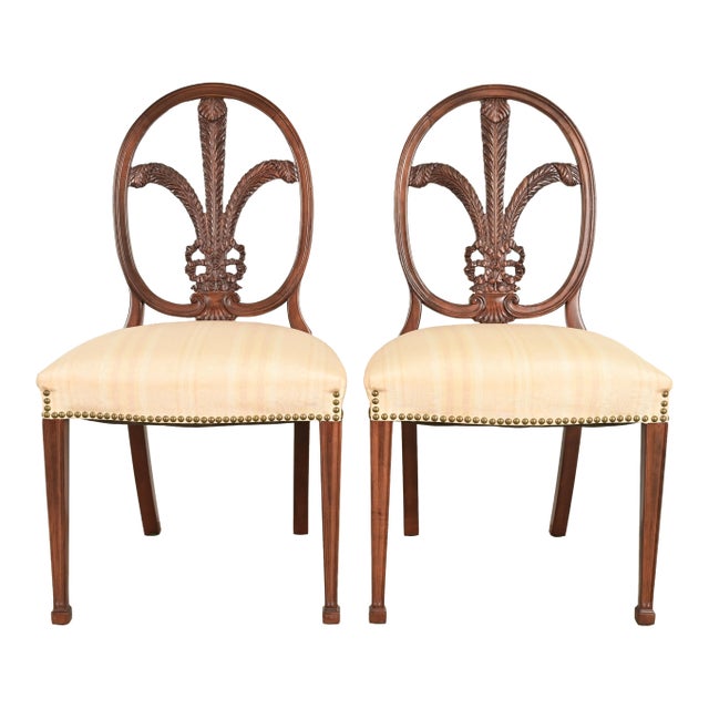 Romweber Antique French Regency Louis XVI Carved Mahogany Side Chairs or Dining Chairs, Pair For Sale