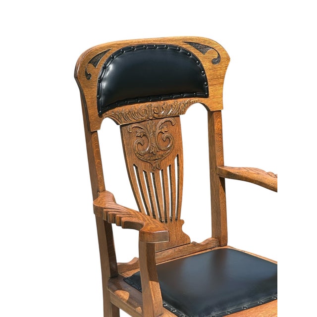 Antique Victorian Set of Six Tiger Oak Dining Chairs Leather Seats & Headrests For Sale - Image 9 of 12