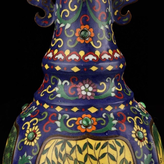 Metal Monumental Vintage Chinese Cloisonné Enamel "Cranes & Bamboo" Vase - 3940g, 40cm For Sale - Image 7 of 9