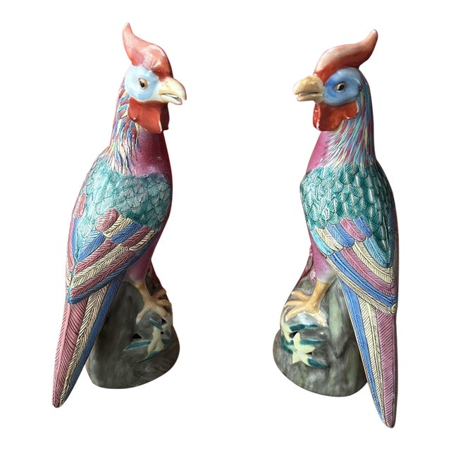 Pair of Vintage Porcelain Golden Pheasants – 7.9" Polychrome Enameled Bird Figures For Sale