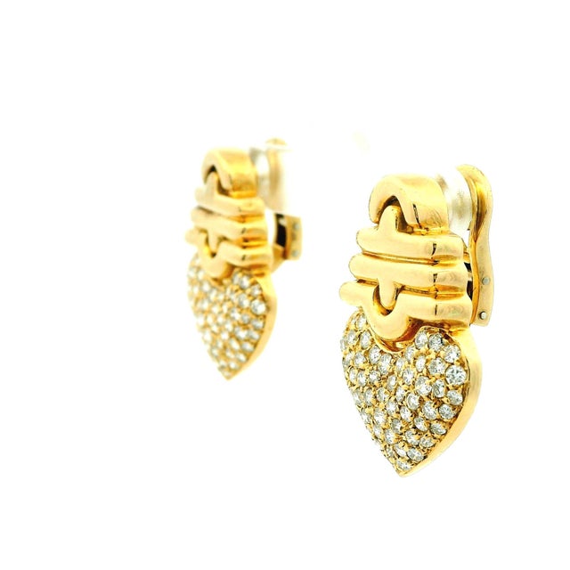 Vintage Italian 18k Gold Diamond Pavé Heart Omega Back Earrings, A Pair For Sale - Image 10 of 16