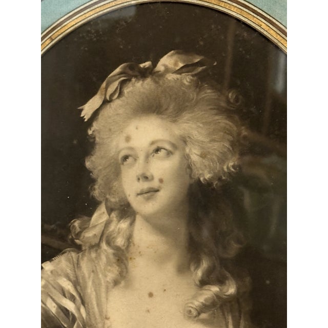 Wood Antique French Femme Fatale Engraving, Original Green & Blue Patina Frame Circa 1930 For Sale - Image 7 of 7