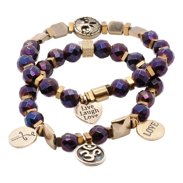 Life Journey Purple & Gold Hematite Stone Beaded Bracelet Set For Sale
