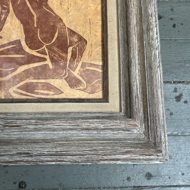 1960’s original female nude woodblock print in vintage whitewash wood frame. Measures 8x10 or approximately 15x17 framed....