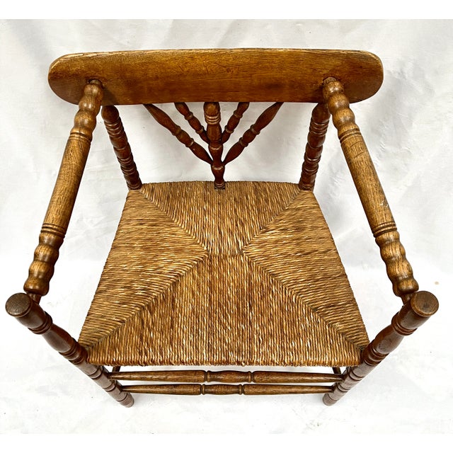 Rustic European Antique Dutch Bobbin Arm Chair With Rush Seat For Sale - Image 3 of 9