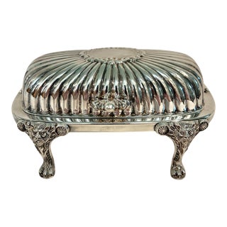 Vintage F B Rogers Silver Co Roll Top Baroque Butter Dish With Lion Mask Feet and Glass Liner For Sale