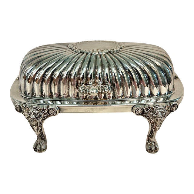 Vintage F B Rogers Silver Co Roll Top Baroque Butter Dish With Lion Mask Feet and Glass Liner For Sale