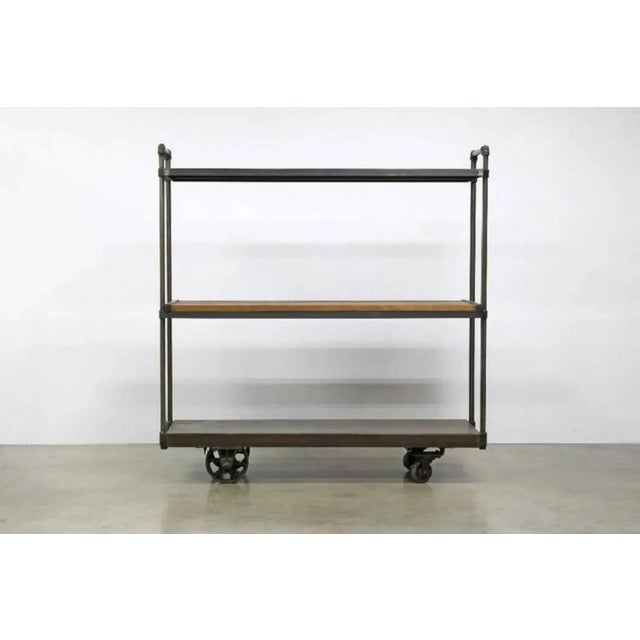 Wood Industrial Iron Reclaimed Wood Triple Shelving Cart For Sale - Image 7 of 7