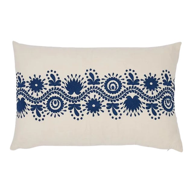 Schumacher Theodora Embroidery 24" Lumbar Pillow in Blue For Sale