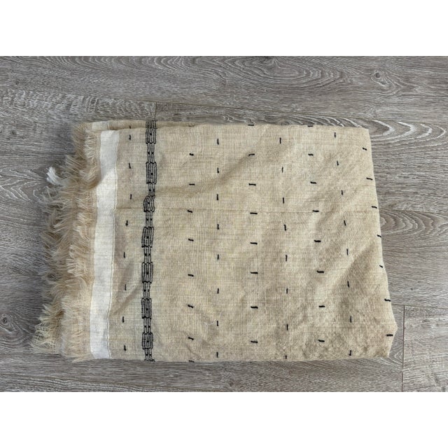 Vintage Handwoven Textile With Black Embroidered Detailing For Sale - Image 9 of 13