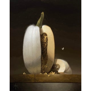 Asunder by Blair Atherholt | Oil on Panel Still life of a halved white pumpkin with seeds For Sale
