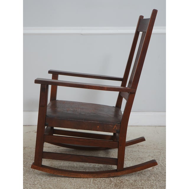 Mission Stickley Antique Mission Style Oak Leather Seat Rocking Chair For Sale - Image 3 of 18