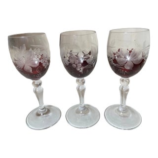 1940s Antique Cut to Clear Crystal Glass Shot Cordial Glasses W/ Stems -Set of Three For Sale