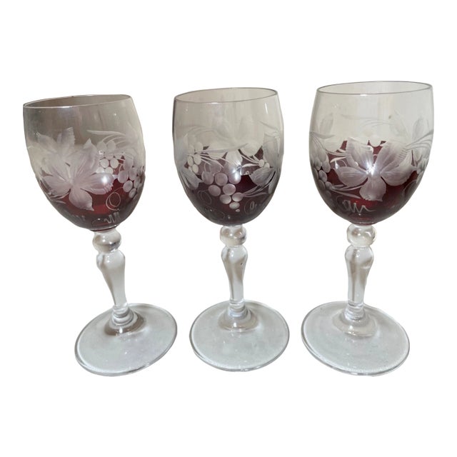 1940s Antique Cut to Clear Crystal Glass Shot Cordial Glasses W/ Stems -Set of Three For Sale