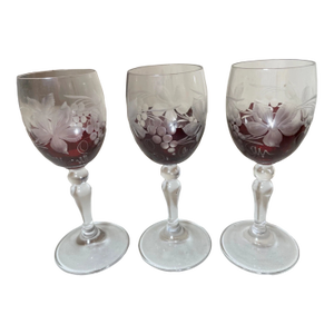 1940s Antique Cut to Clear Crystal Glass Shot Cordial Glasses W/ Stems -Set of Three