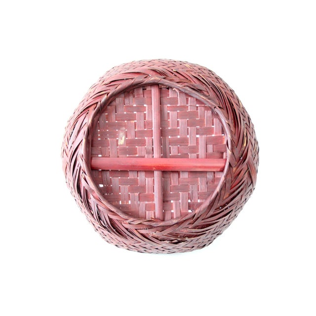 Vintage Hand-Woven Bamboo Basket With Wrapped Handle For Sale - Image 12 of 12