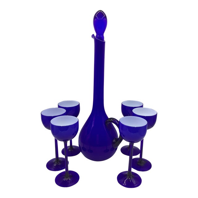 Vintage Carlo Moretti Italy Blue White Cased Glass Decanter With Tall Cordial Glasses - Set of 7 For Sale