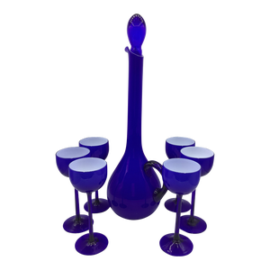 Vintage Carlo Moretti Italy Blue White Cased Glass Decanter With Tall Cordial Glasses - Set of 7