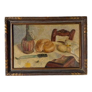 1949 Vintage Still Life Kitchen Setting Oil on Board Painting, Wood Framed For Sale