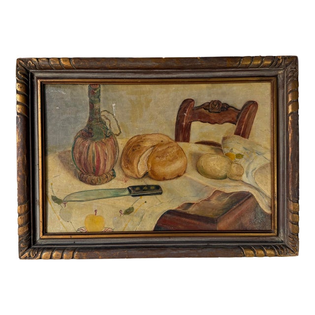 1949 Vintage Still Life Kitchen Setting Oil on Board Painting, Wood Framed For Sale