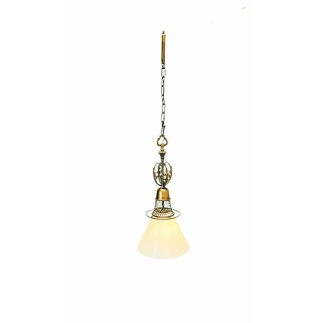 Mid-Century Modern Vintage Brass and Opaline Pendant Lamp, 1940s For Sale - Image 3 of 9