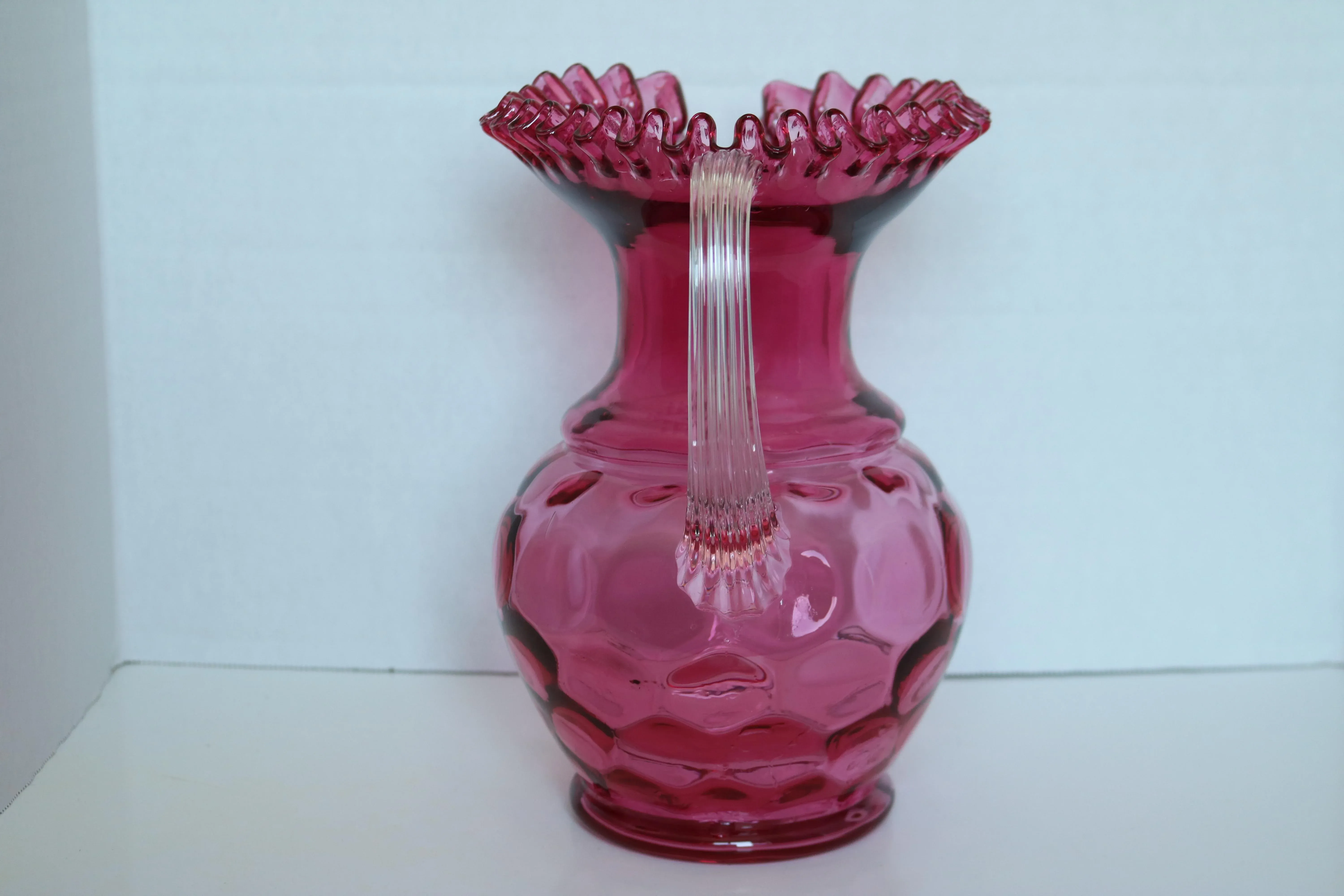 1970s Fenton Cranberry Glass Ruffled Edge Coin Dot Large Pitcher