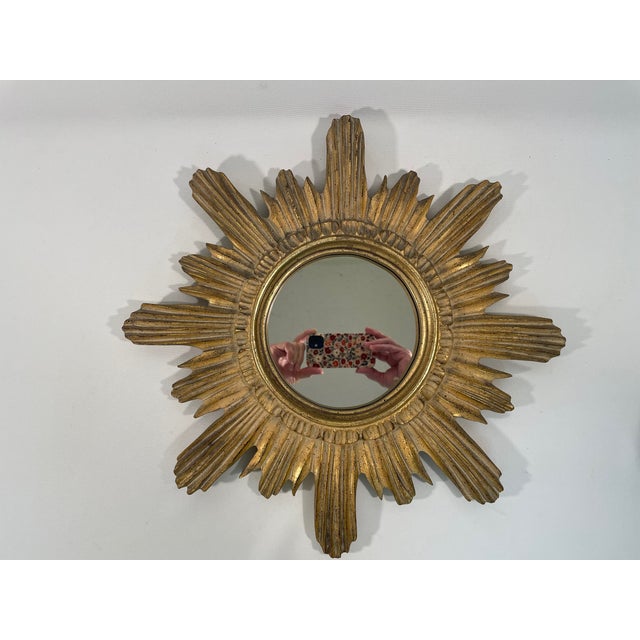 Mid-Century Modern Vintage 16.5" Mid Century Creamy Giltwood Sunburst Wall Mirror For Sale - Image 3 of 16