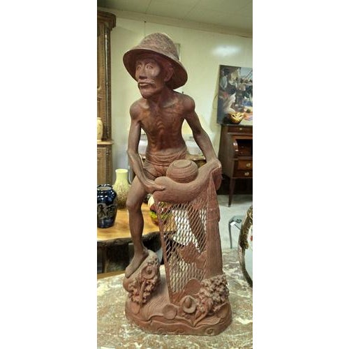 Large Asian Wooden Sculpture of Fisherman, 1890s For Sale - Image 5 of 8