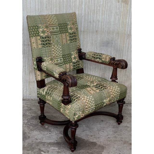 Late 19th Century Louis XVI Style Spanish Pair of Carved Walnut Armchairs, 1900s For Sale - Image 5 of 18
