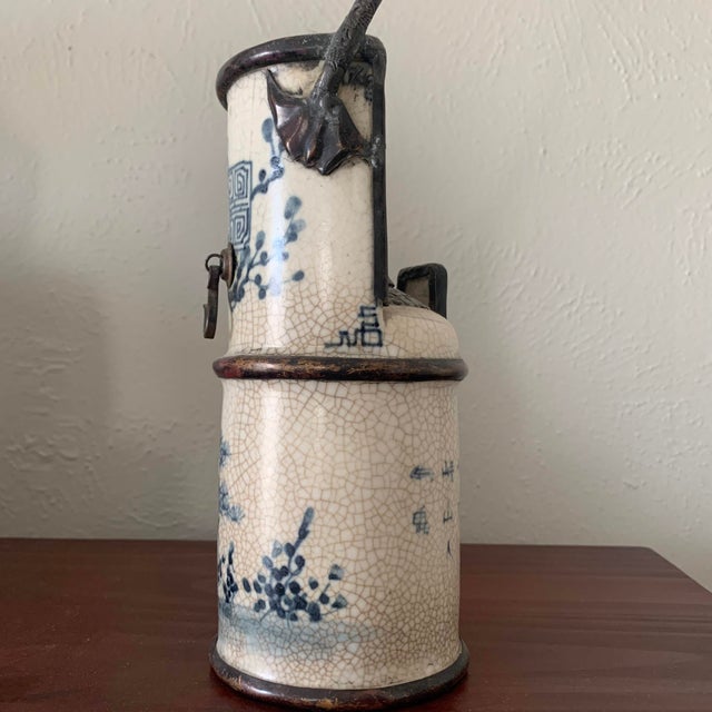 Antique Asian Blue and White Ceramic Water Vase Pipe For Sale - Image 4 of 12