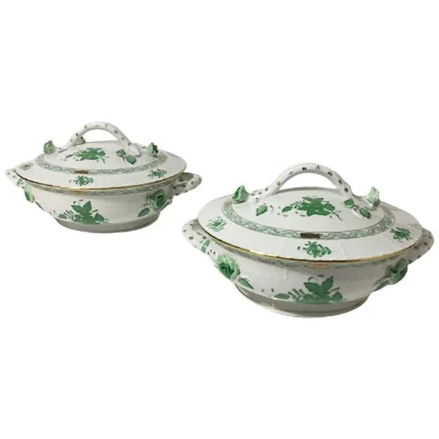 Chinese Bouquet Apponyi Green Porcelain Tureens with Handles from Herend, Set of 2 For Sale - Image 6 of 6