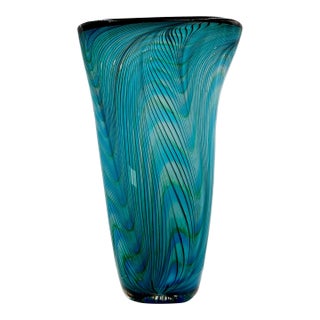 1980s Dale Tiffany Large Hand Blown Favrile Art Glass Vase in Aquas For Sale