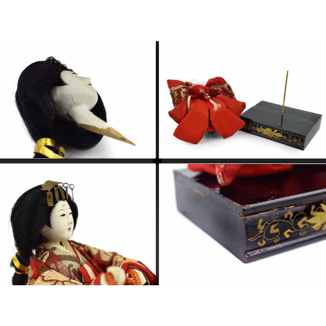 Mid 20th Century Mid 20th Century Handmade Hand Painted Japanese Imperial Court Hina Doll With Original Case Set of 5 Pieces For Sale - Image 5 of 16