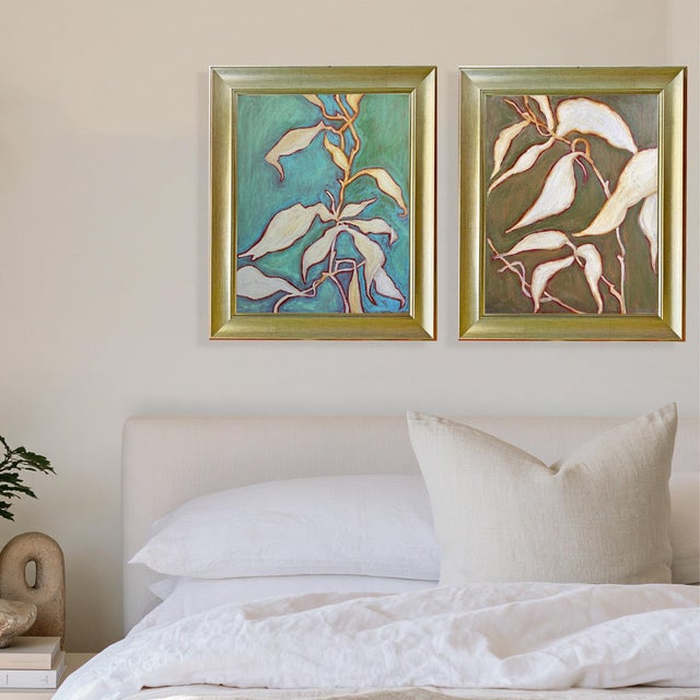 Textile Original Botanical Leaf Diptych — Teal & Olive Studies, Oil Sticks on Canvas, 12" X 16" Each, by Tatiana Duperault For Sale - Image 7 of 7